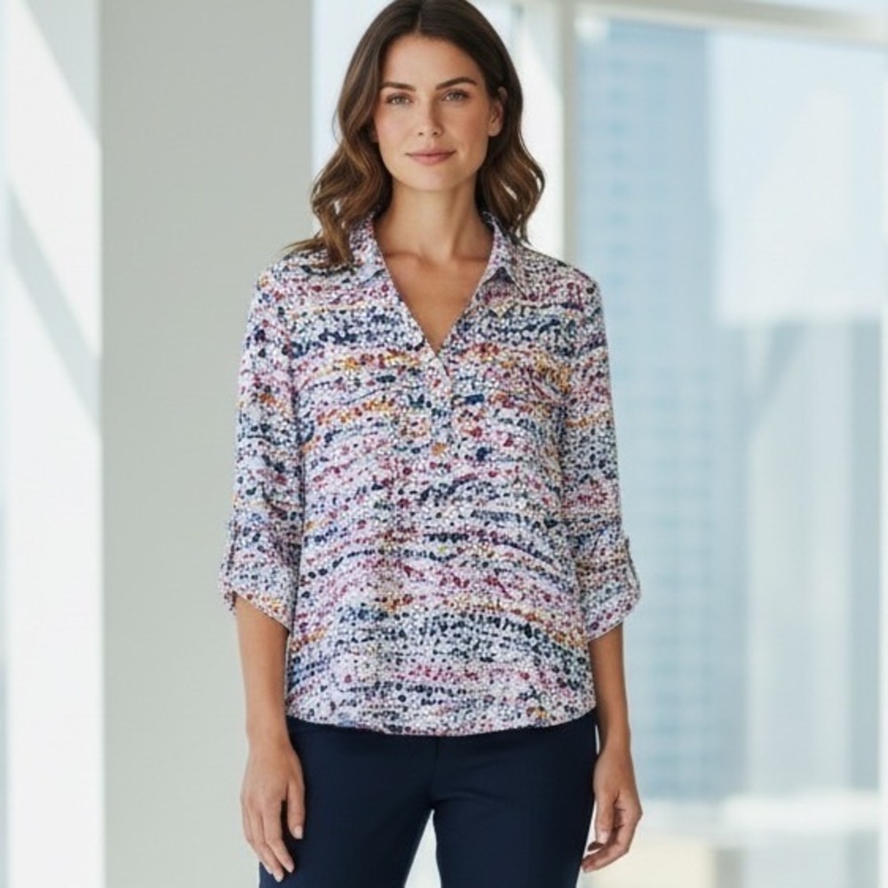 Emily Daniels Abstract Splatter Roll Tab Sleeve Blouse Artistic Career Teacher M
